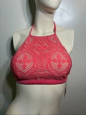 Ocean Pacific Coral Crochet High Ne k Halter Bikini Top Size Large NWT